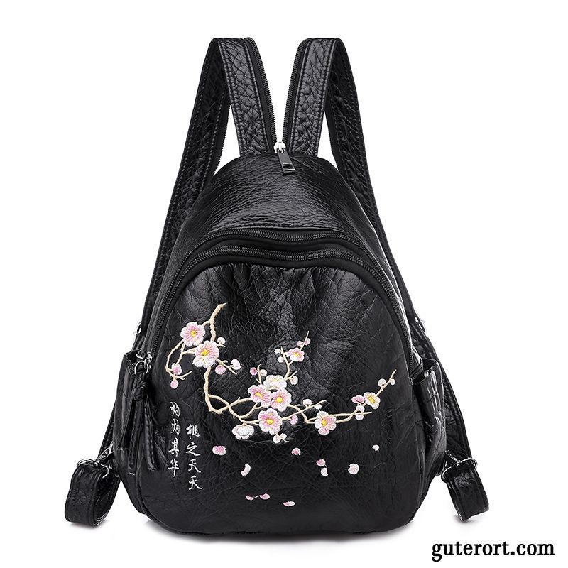 Rucksäcke Damen Stickerei Tasche Rucksack Echt Leder Trend Schmetterling Schwarz