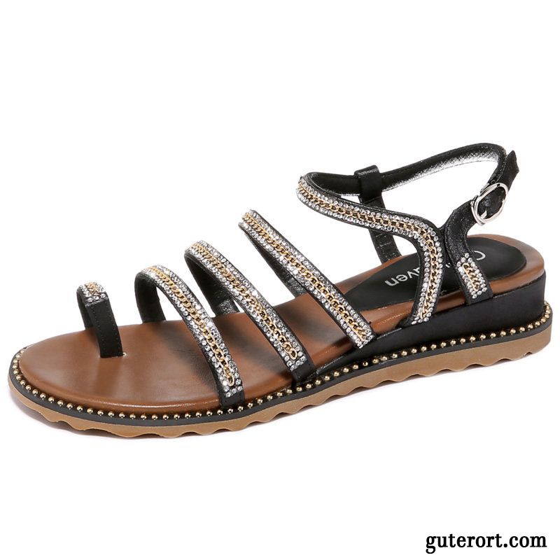 Sandalen Damen Schuhe Casual Strasssteine Sommer Rom Neue Schwarz Gold