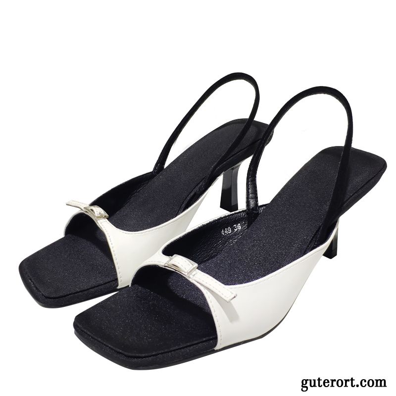 Sandalen Damen Sexy Dünne Fersen Vierkantkopf Mädchen Pumps Sommer Weiß