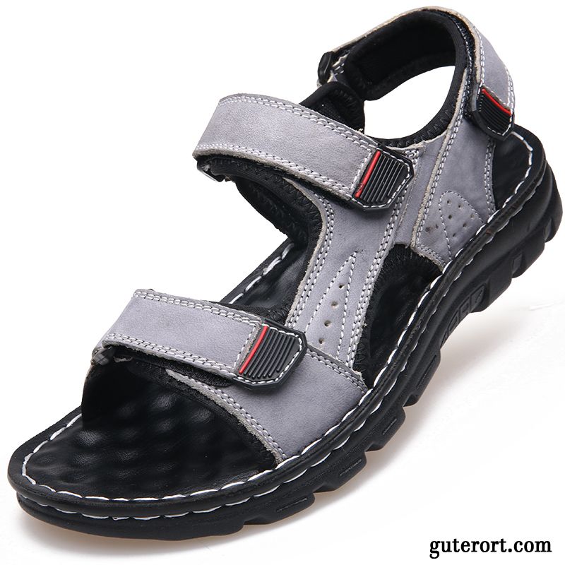 Sandalen Herren Echtleder Neue Europa Sommer Trend Schuhe Sandfarben Grau