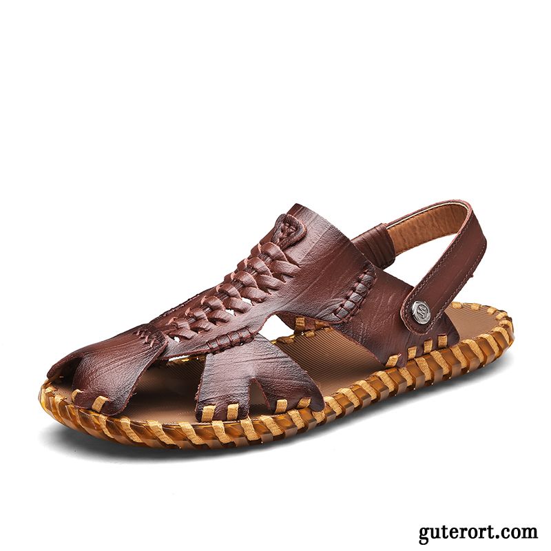 Sandalen Herren Hohl Echtleder Neue Pantolette Persönlichkeit Schuhe Sandfarben Braun