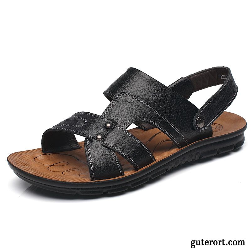 Sandalen Herren Lederschue Echtleder Sommer Rutschsicher Weiche Sohle Pantolette Sandfarben Schwarz