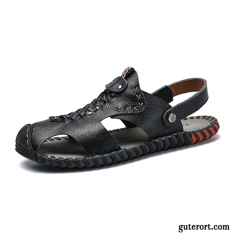 Sandalen Herren Rutschsicher Pantolette Echtleder Sommer Europa Weiche Sohle Schwarz