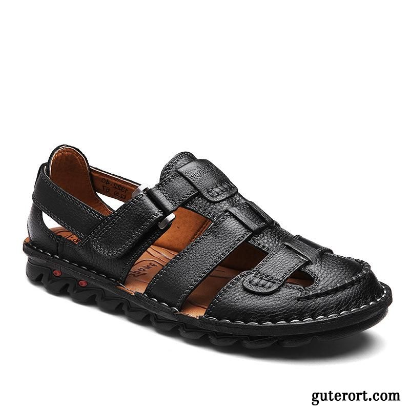 Sandalen Herren Sommer Faul Leder Echtleder Casual Schuhe Sandfarben Schwarz