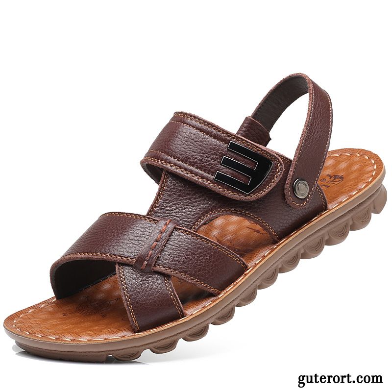 Sandalen Herren Tragen Echtleder Weiche Sohle Hausschuhe Casual Trend Sandfarben Braun Dunkel