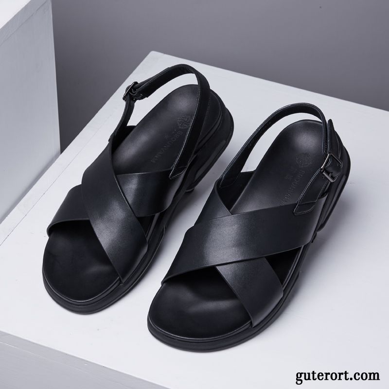 Sandalen Herren Trend Allgleiches Echtleder Rom Schuhe Rutschsicher Sandfarben Schwarz