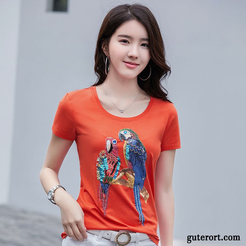 T-shirts Damen Drucken Sommer Paillette Mantel Unteres Hemd Rein Orange