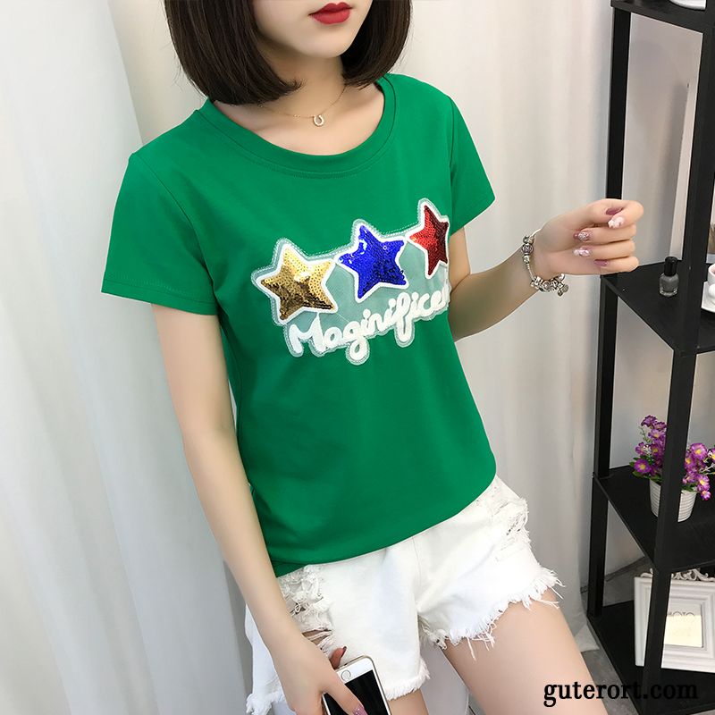 T-shirts Damen Paillette Sommer Große Größe Star Verdickung Grün