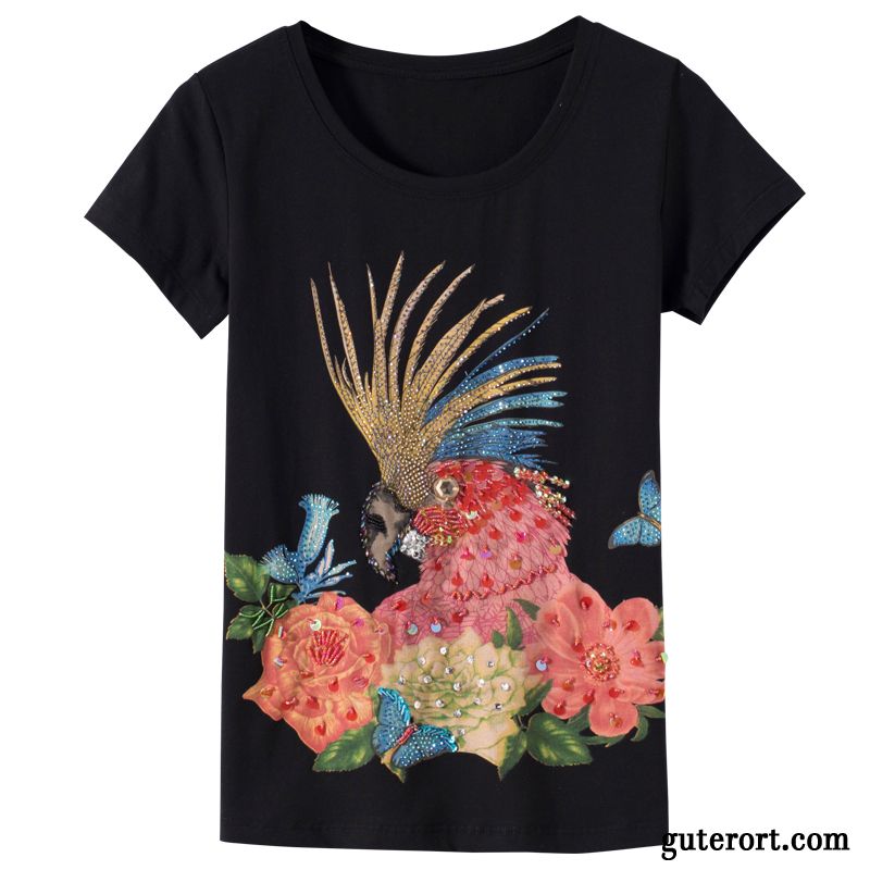 T-shirts Damen Rein Strass Sommer Neu Muster Mantel Schwarz