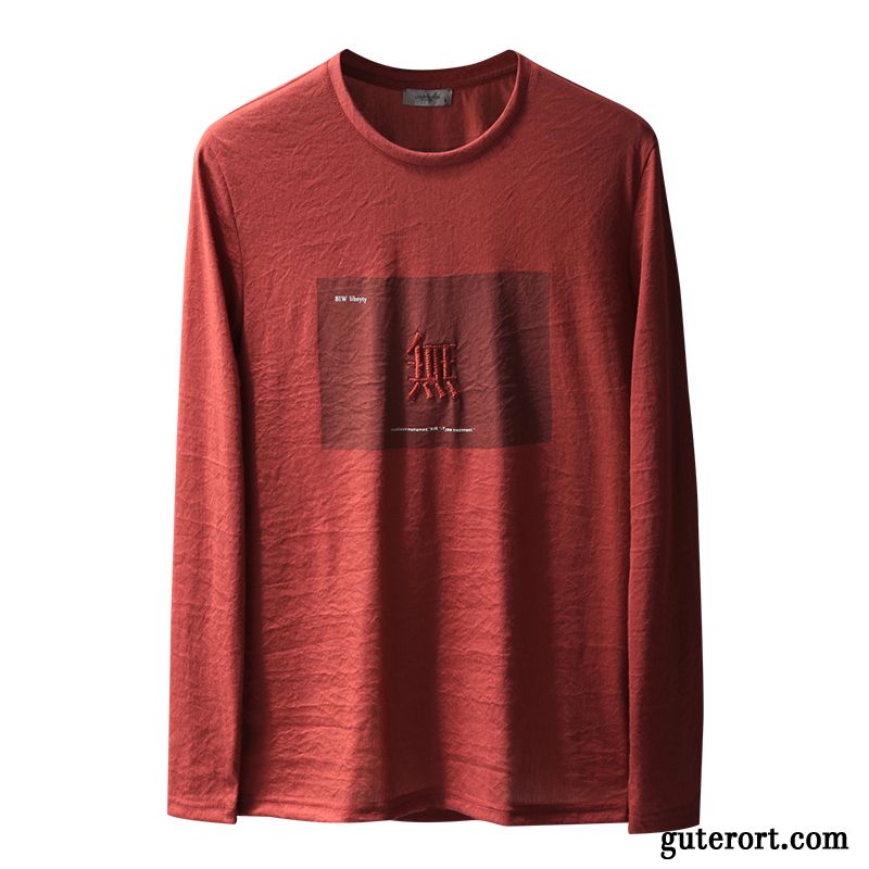 T-shirts Herren Lange Ärmel Stickerei Unteres Hemd Chinesischer Stil Drucken Persönlichkeit Rot