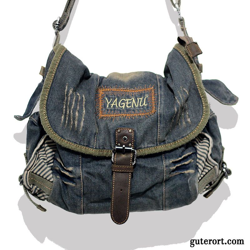 Umhängetaschen Herren Retro Einfach Denim Schultasche Leinwand Gewaschen Blau